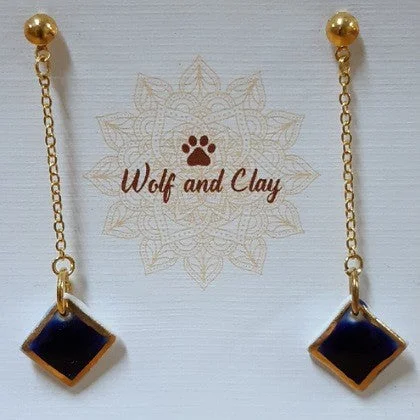 Mixed metal earrings-BLUE ENAMELLED CERAMIC GOLD CHAIN DROP EARRINGS