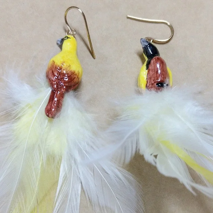 Rose quartz earrings-YELLOW BIRD CERAMIC EARRINGS WITH FEATHER