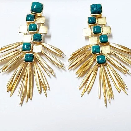 Matte silver earrings-TURQUOISE IN GOLD FIREWORKS EARRINGS