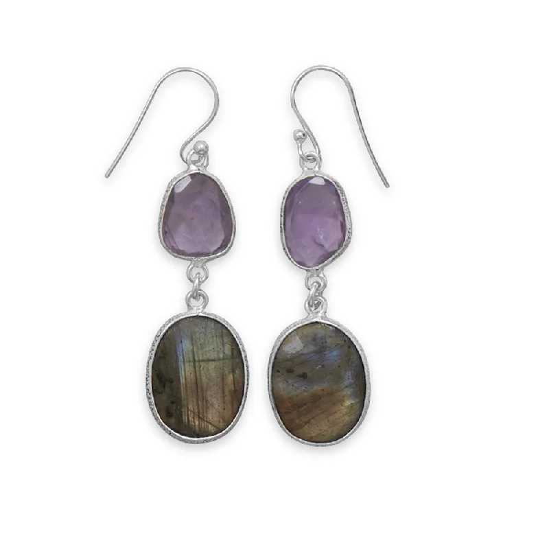 Coin charm earrings-Amethyst and Labradorite Earrings Long Dangle Sterling Silver Freeform Shapes