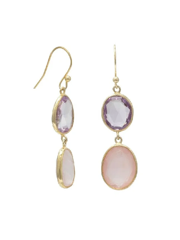 Mixed metal earrings-Rose Quartz and Purple Amethyst Dangle Drop Earrings Gold-plated Sterling Silver