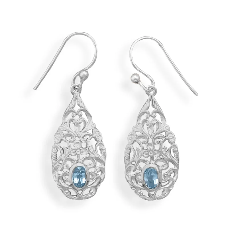 Bold cuff earrings-Blue Topaz Earrings Filigree Drop Sterling Silver