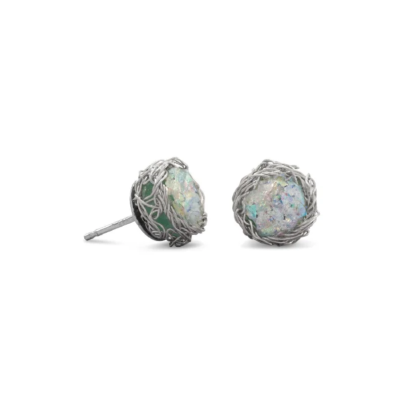 Two-tone earrings-Ancient Roman Glass Round Stud Earrings with Birds Nest Wire Weave Edge