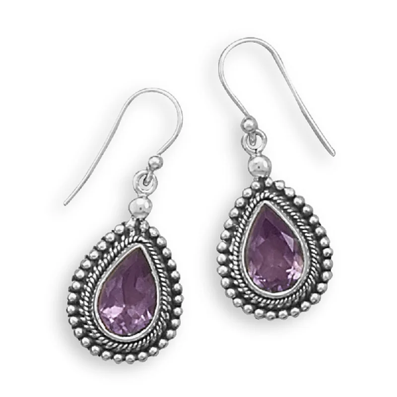 Retro charm earrings-Amethyst Faceted Teardrop Bead Rope Design Sterling Silver Earrings