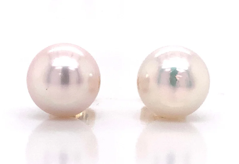 Rose quartz earrings-18ct Yellow Gold 8.5 x 9mm Akoya Pearl Stud Earrings