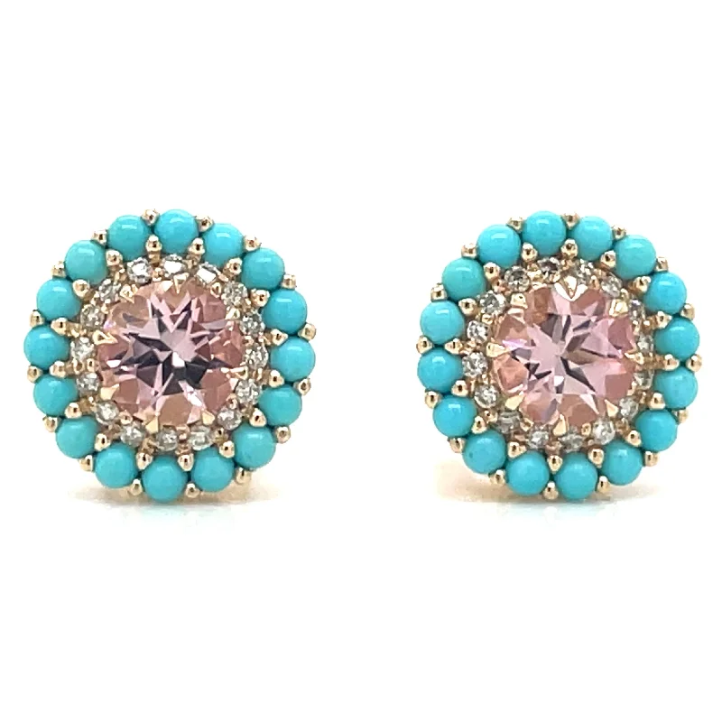 Sleek stud earrings-14ct Yellow Gold Earth Grown Pink Tourmaline, Turquoise and Diamond Round Stud Earrings