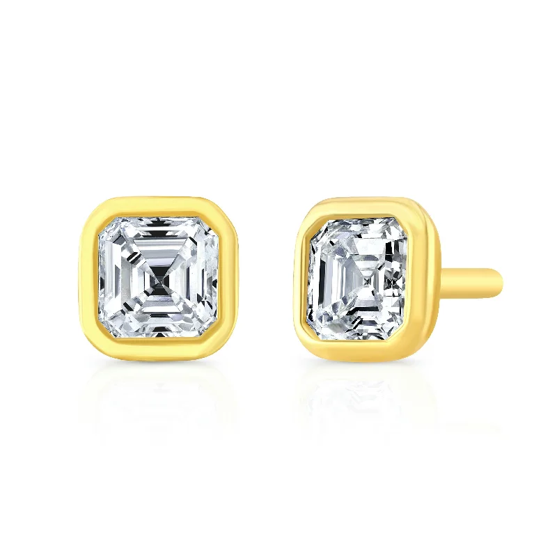 Tribal stud earrings-Asscher Cut Diamond Bezel Studs