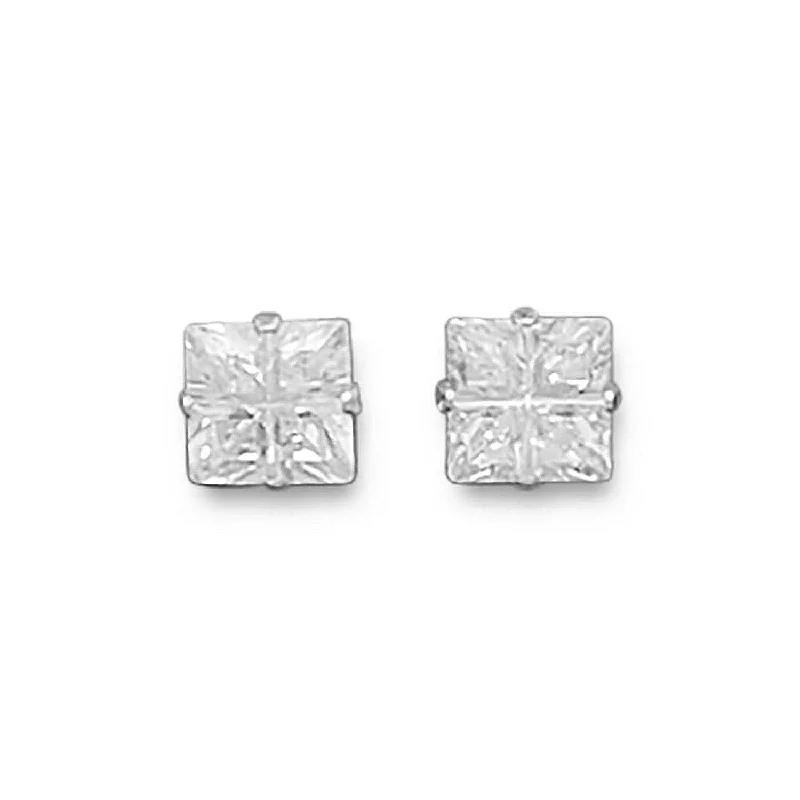 Vintage stud earrings-Four Cut 4 Cut Square 6mm Cubic Zirconia Sterling Silver Post Stud Earrings