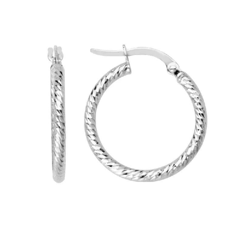 Coin charm earrings-14k White Gold Round Tube Hoop Earrings 15mm Diamond-cut Finish