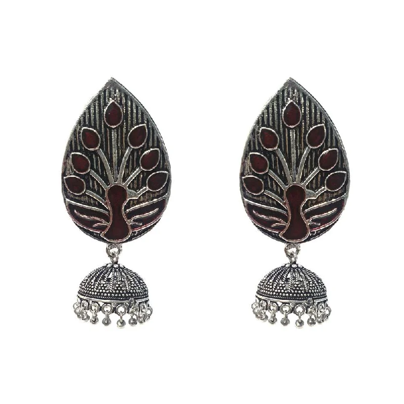 Matte silver earrings-Silver Oxidized with Jhumka earrings a  unique touch of enamelled work