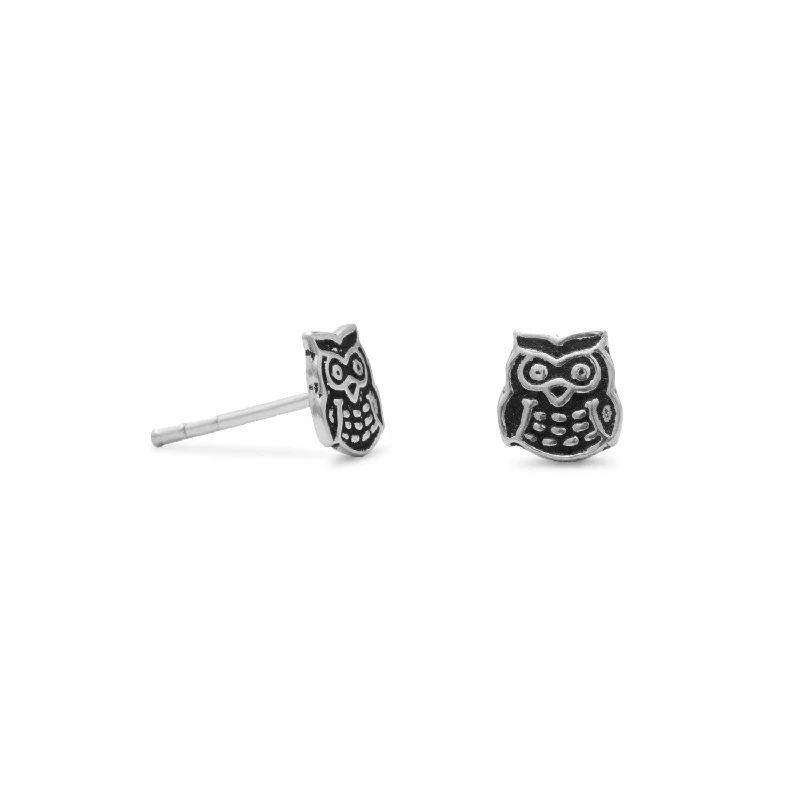 Chevron stud earrings-Cute Owl Earrings Post Stud 6mm Antiqued Sterling Silver