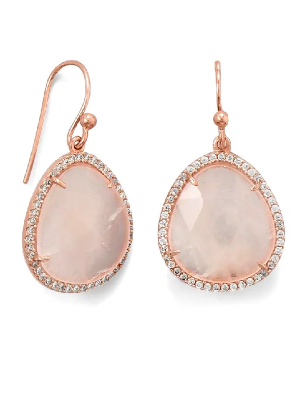 Multi-layer earrings-Rose Quartz and Cubic Zirconia Drop Earrings Rose Gold-plated Silver