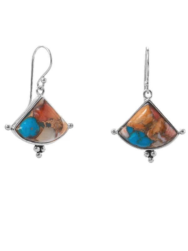 Asymmetrical earrings-Sterling Silver Turquoise and Spiny Oyster Compressed Stone Earrings