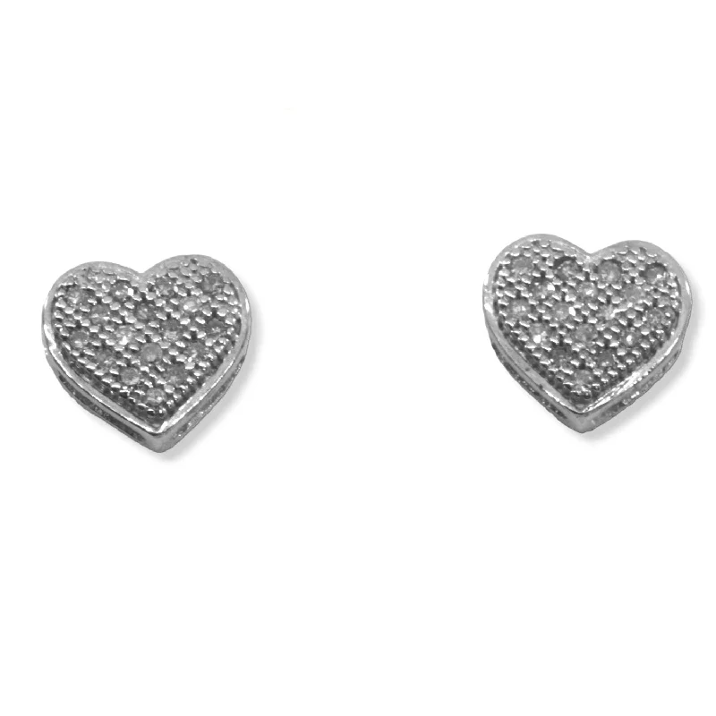 Retro charm earrings-Diamond Heart Post Stud Earrings Quilted Look Rhodium on Sterling Silver