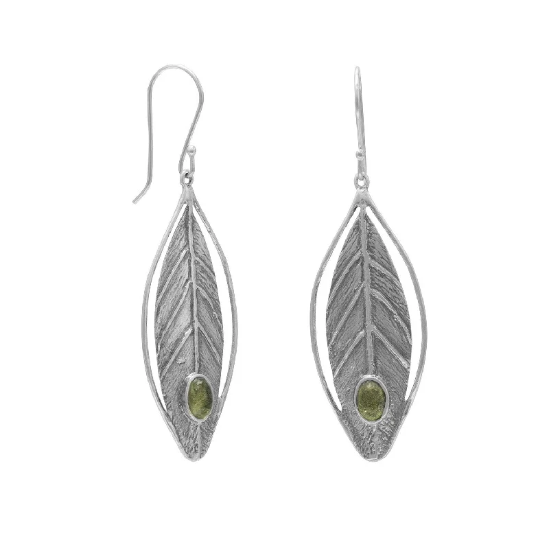 Oversized hoop earrings-Leaf Earrings Green Peridot Sterling Silver August Birthstone