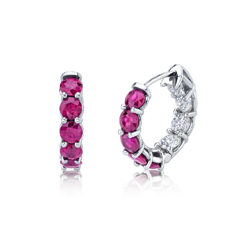 Deco design earrings-3 Carat Diamond and Ruby Huggies in 18K white gold