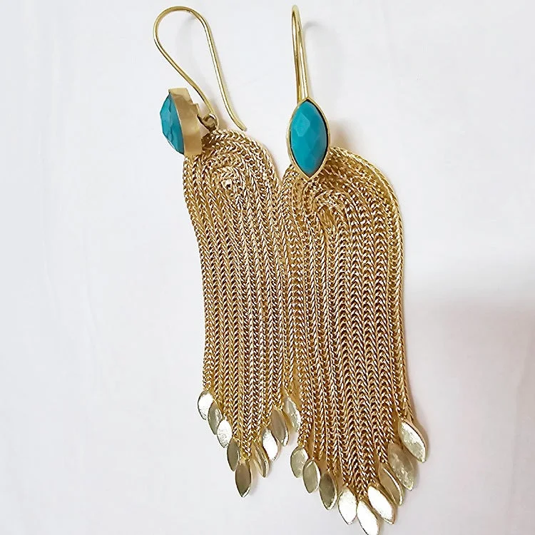 Gold stud earrings-EARRINGS GOLD HOOKS TURQUOISE OVER FALLING CHAIN