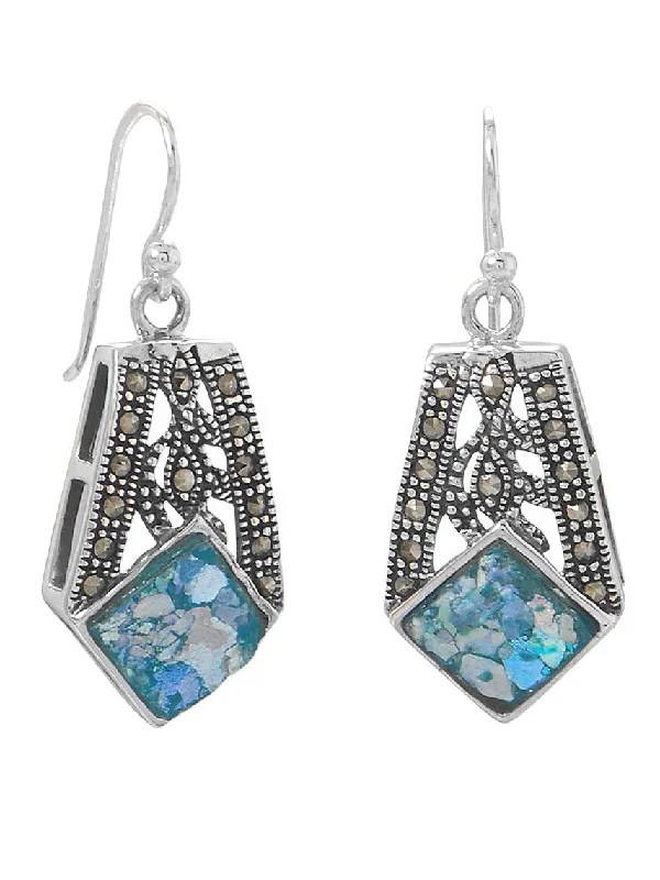 Matte silver earrings-Ancient Roman Glass Earrings and Marcasite Handcrafted Sterling Silver