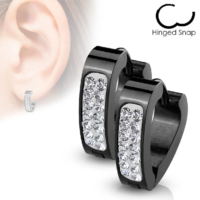 Polymer hoop earrings-Black Jewelled Hinged Hoop/Huggie Earrings (1 pair) - E507A