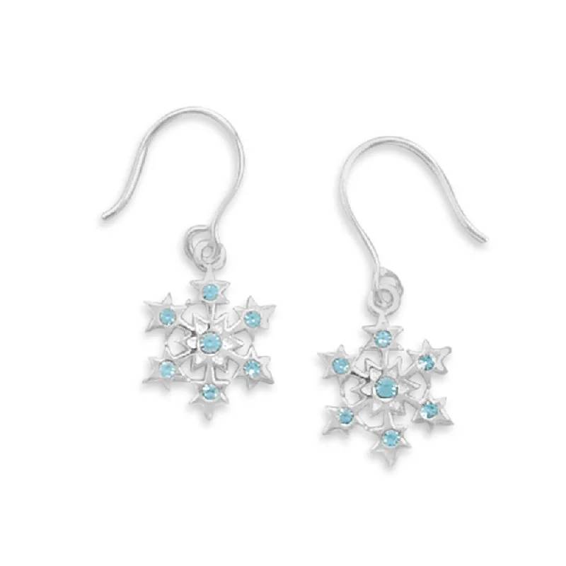 Heart charm earrings-Small Snowflake with Blue Crystal Earrings Sterling Silver