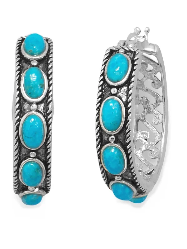 Chevron stud earrings-Sterling Silver Hoop Earrings with Reconstituted Turquoise Stones