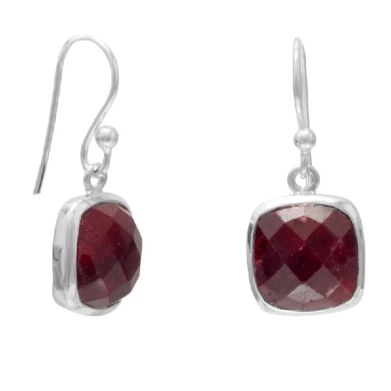 Rainbow gem earrings-Sterling Silver and Dyed Red Corundum Square Dangle Earrings