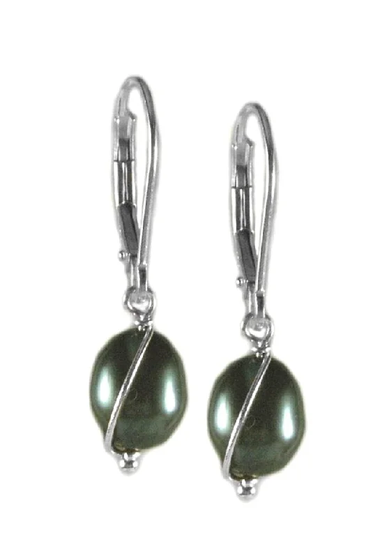 Bold hoop earrings-Dyed Green Cultured Freshwater Pearl Earrings Sterling Silver with Wire Wrap