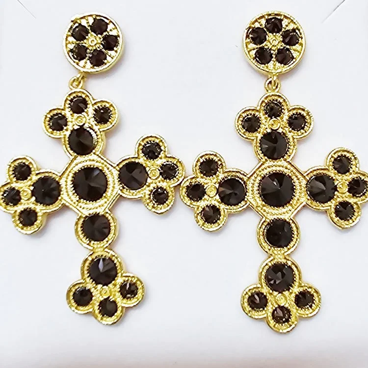 Bold hoop earrings-EARRINGS STUD CROSSES FACETED BLACK ONYX IN GOLD