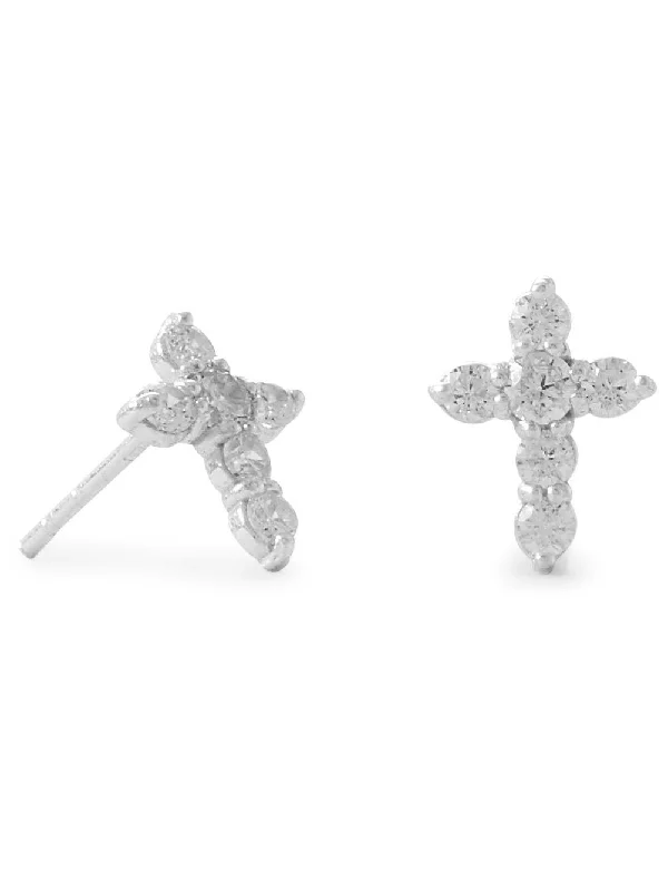 Chevron stud earrings-Cross Stud Earrings with Sparkling Cubic Zirconia Sterling Silver