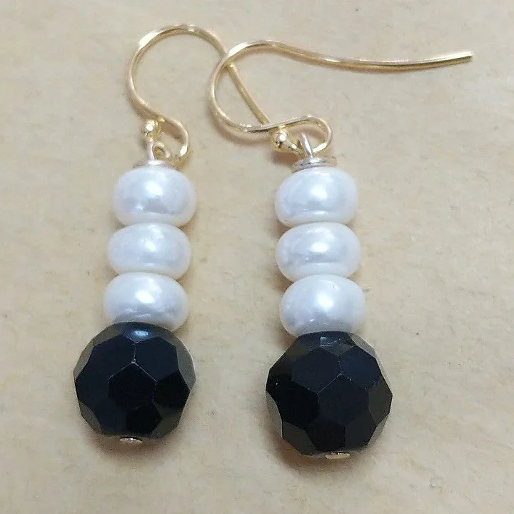 Minimalist bar earrings-MOKO EARRINGS FRESHWATER PEARLS BLACK CRYSTAL HOOKS