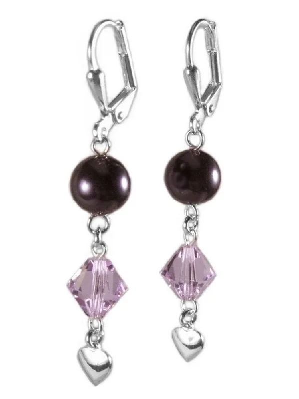 Polymer hoop earrings-Purple Drop Earrings Made with Swarovski(R) Crystals and Pearls Heart Charm Drop