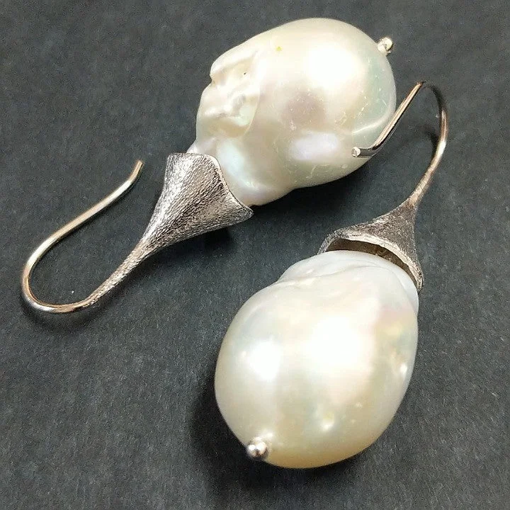 Vintage style earrings-MOKO EARRINGS BAROQUE PEARL STERLING HOOKS