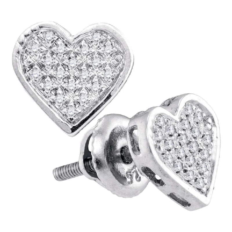 Cluster gem earrings-Sterling Silver  Round Diamond Heart Cluster Screwback Stud Earrings 1/10 ctw