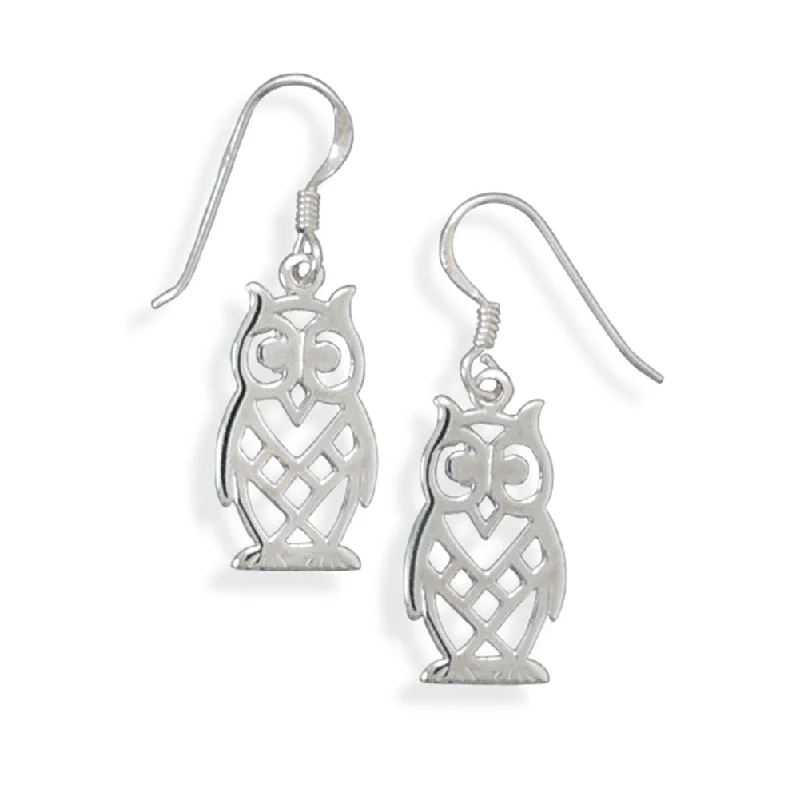 Bamboo hoop earrings-Wise Owl Earrings Cut Out Design Sterling Silver Dangling