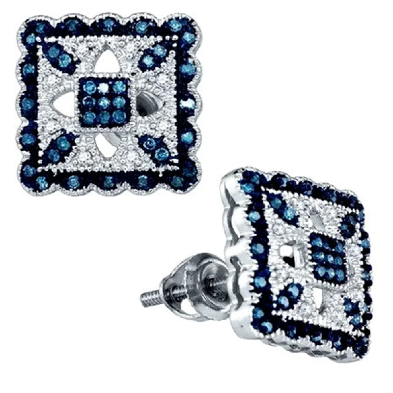 Antique silver earrings-Blue and White Diamond Stud Earrings 10k White Gold - Total of 90 Diamonds