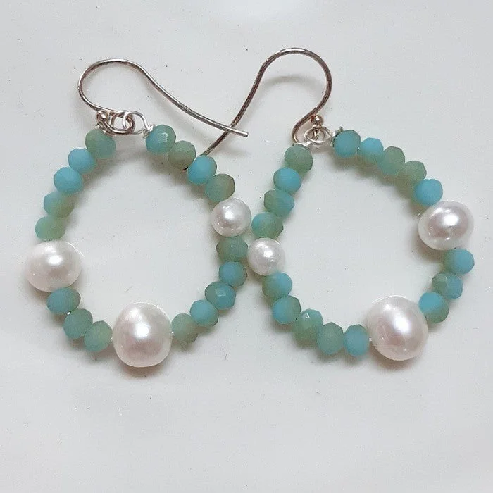 Multi-layer earrings-EARRINGS AQUAMARINE, FRESHWATER PEARL ON HOOPS