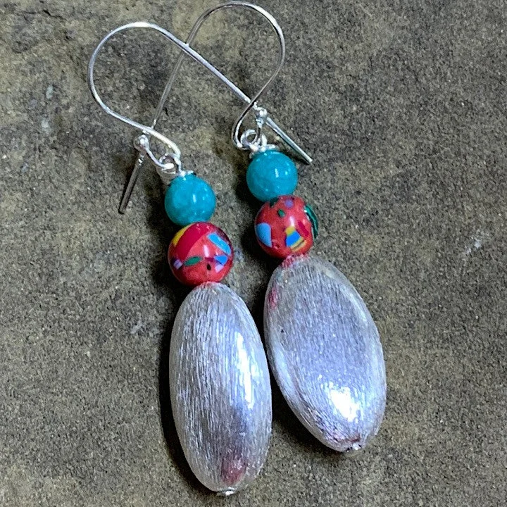 Glass bead earrings-MOKO JADE SILVER AND STONE EARRINGS