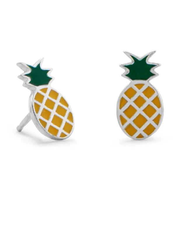 Abstract stud earrings-Pineapple Stud Post Earrings Enamel on Sterling Silver