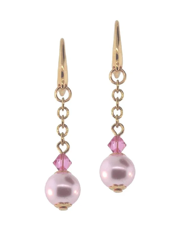 Tiny pearl earrings-Pink Swarovski(R) Crystal and Crystal Imitation Pearl Earrings Gold-plated