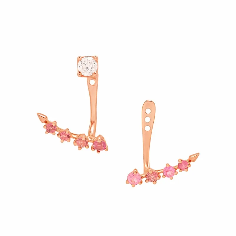 Shell charm earrings-Double Stacked Diamond Studs and Pink Tourmaline Ear Jackets