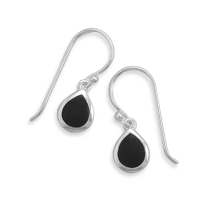 Lightweight dangle earrings-Black Onyx Inlay Teardrop Shape Sterling Silver Earrings