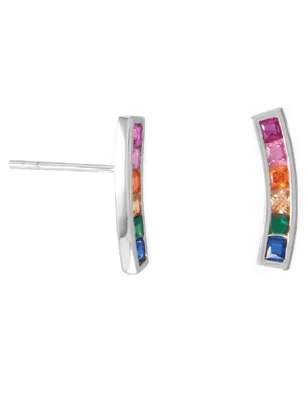 Rainbow gem earrings-Rainbow Colors Drop Stud Earrings Cubic Zirconia Rhodium on Sterling Silver