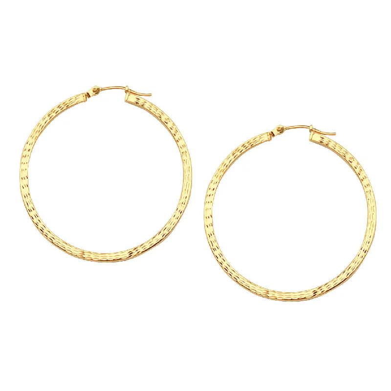 Geometric hoop earrings-14k Yellow Gold Square Edge Hoop Earrings with Full Diamond-cut 2x40mm