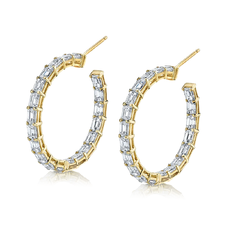 Boho fringe earrings-Norman Silverman Signature Emerald Cut Hoop In 18k Yellow Gold