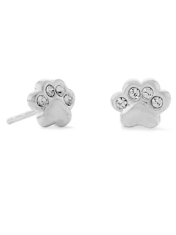 Tile pattern earrings-Paw Print Earrings Polished Sterling Silver with Crystals