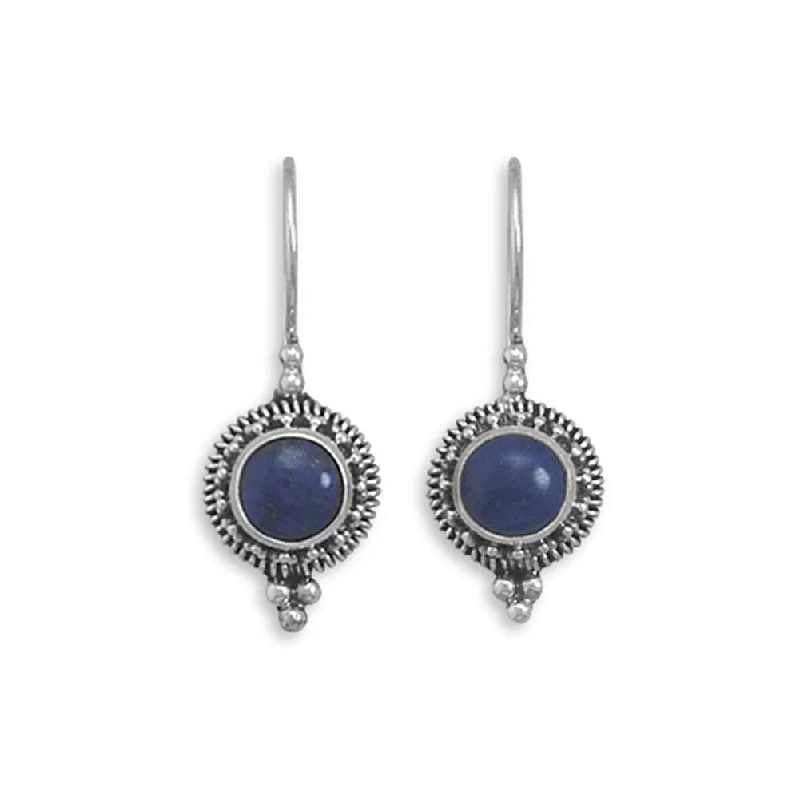 Silver hoop earrings-Lapis Lazuli Earrings Bead Rope Edge Sterling Silver