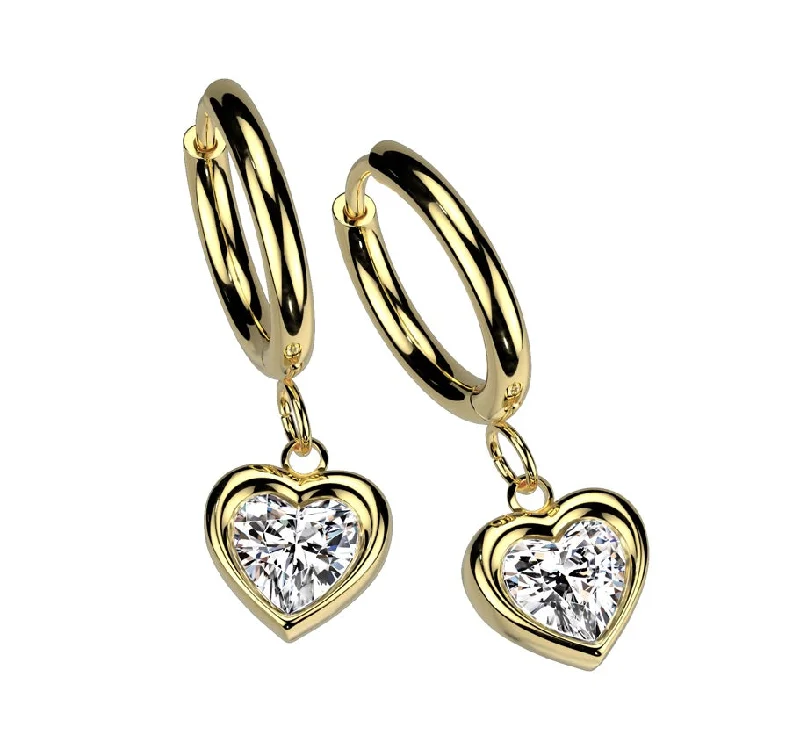 Dot accent earrings-Gold Hinge Hoop Earrings with Jewelled Heart Dangle (1 pair) - ER12A