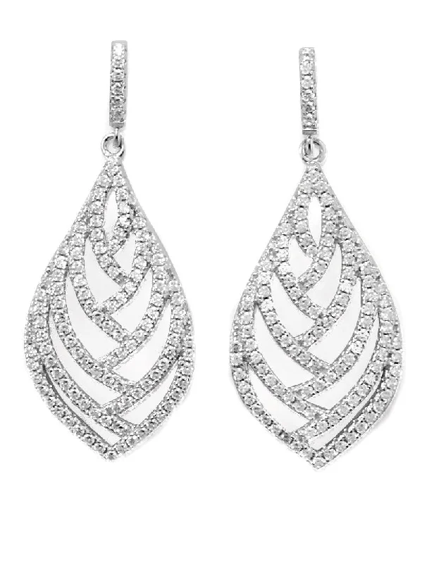 Baroque pearl earrings-Cubic Zirconia Dangle Leaf Earrings Rhodium on Sterling Silver