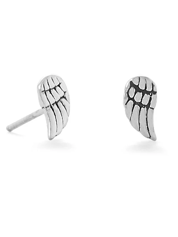 Chunky stud earrings-Small Angel Wing Post Stud Earrings Antiqued Sterling Silver