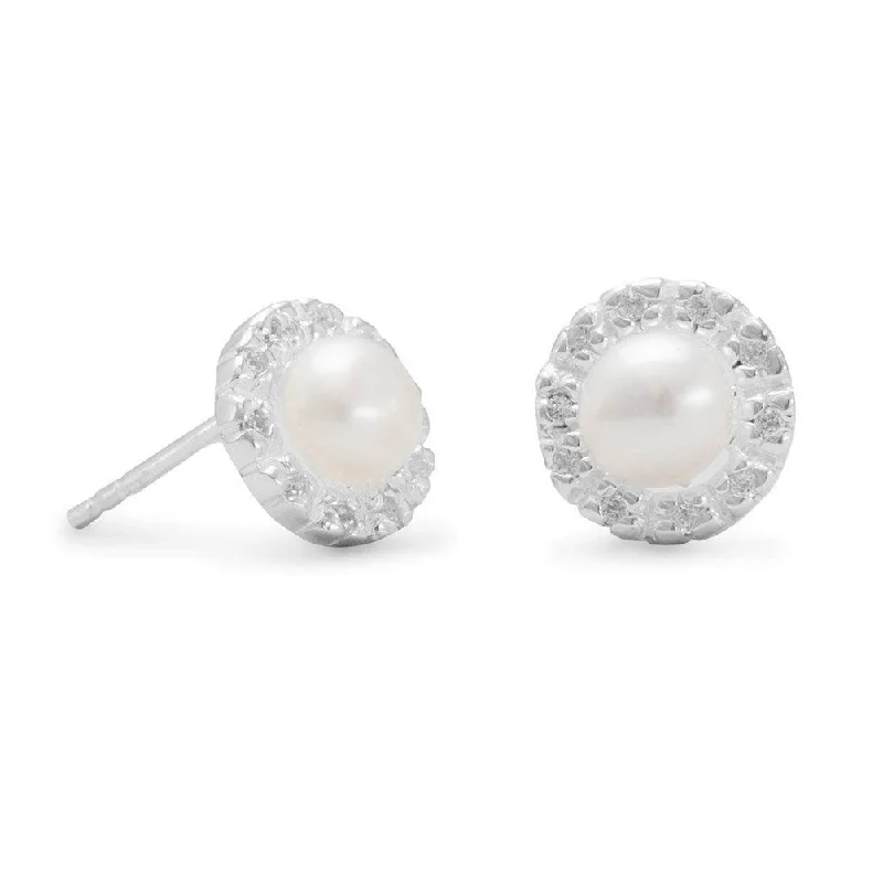 Baroque pearl earrings-White Cultured Freshwater Pearl Stud Earrings with CZ Halo Sterling Silver